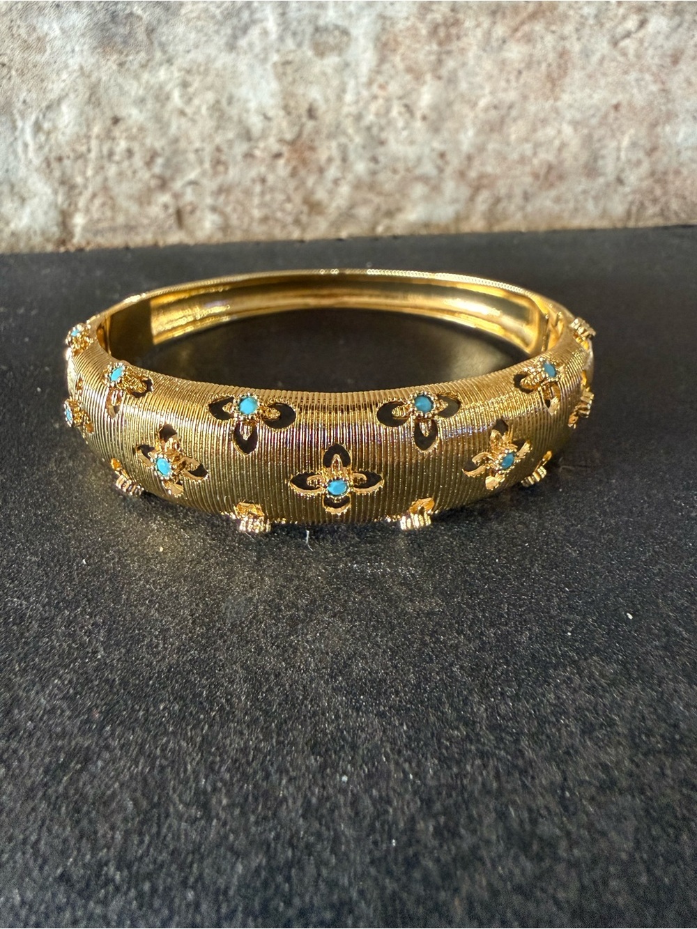 Freida Rothman Gold Floral Bangle Bracelet with Turquoise Accents